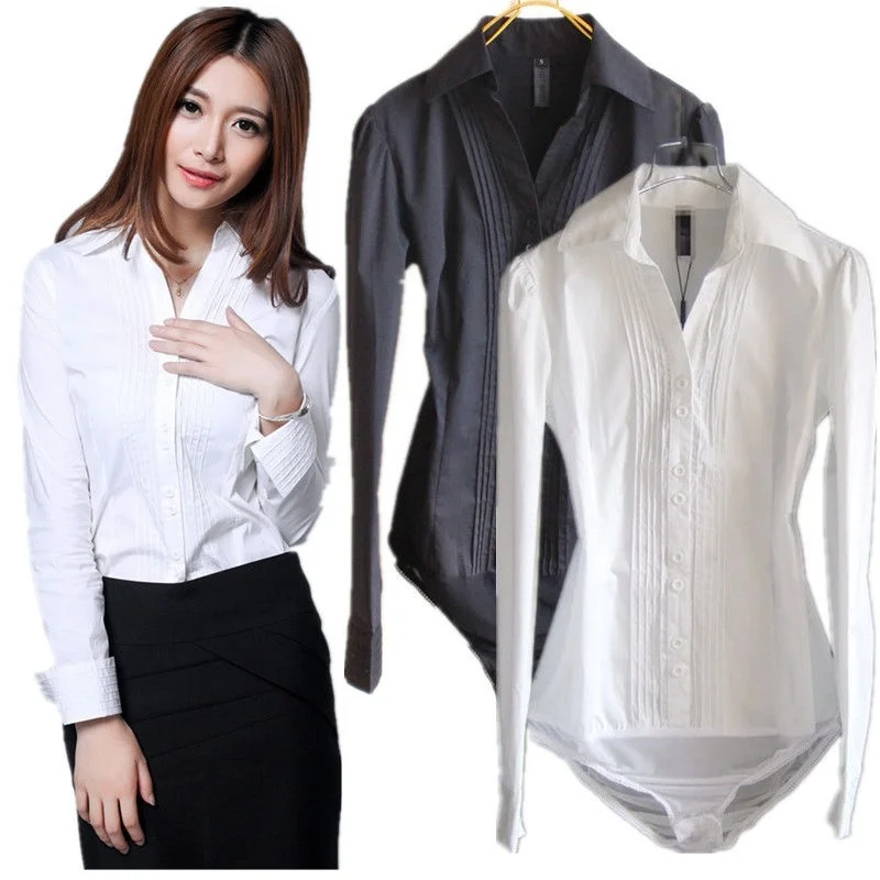 

Fashion Women Shirt Fine Stripe Long Sleeve Body Blouse Top Bodysuit Romper Size 8 10 12 14