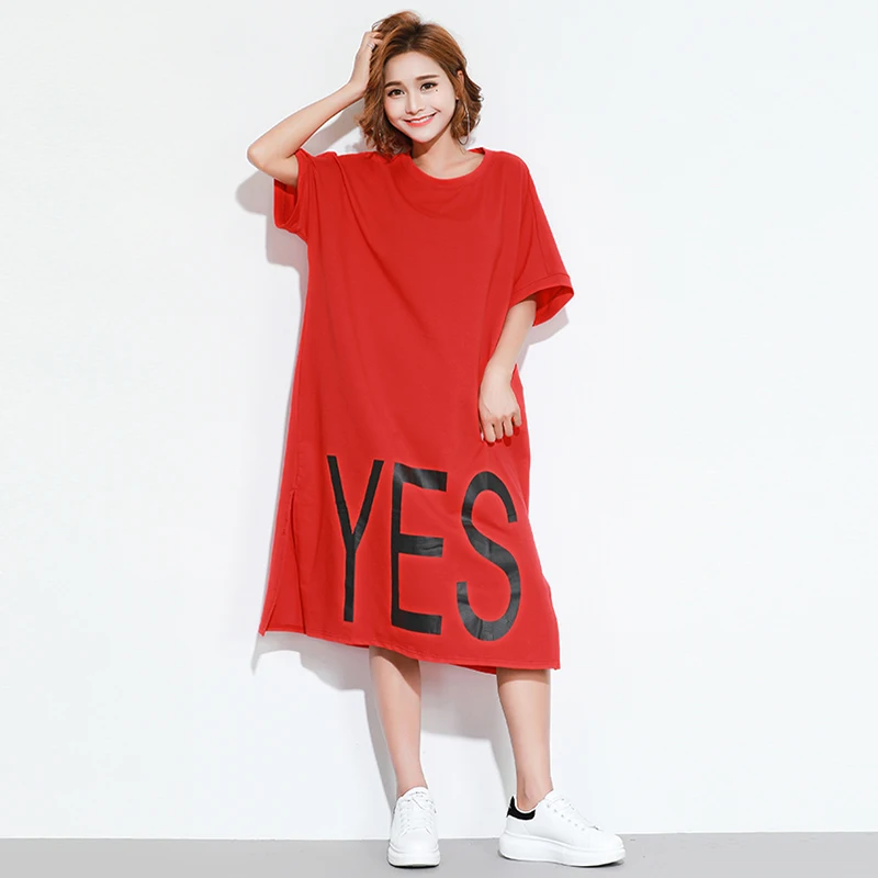 

#2307 Summer Half Sleeve Round Neck Split Red Dresses Women Streetwear Straight Large Size Loose Long Dress Femme Harajuku Tide