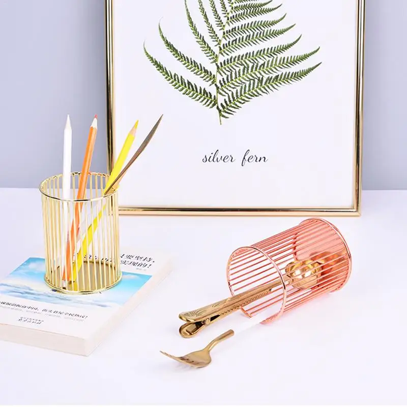 Container Iron Pen Holder Mutifunctional Storage Baskets Rose Gold Basket Desktop Durable Organizer For Office | Дом и сад
