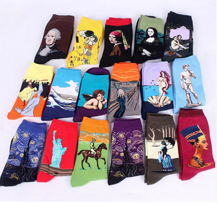 

3d print art socks Unisex men women cotton harajuku style famous painting sock van Gogh Mona Lisa da Vinci funny Socks Vintage