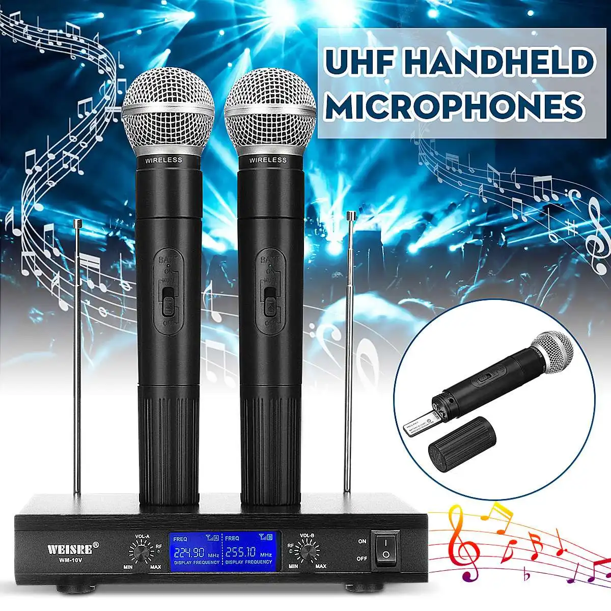

2 Channel UHF Frequencies 2 Handheld Wireless Microphone System With Digital Display Mic For Home Party DJ Karaoke Professional