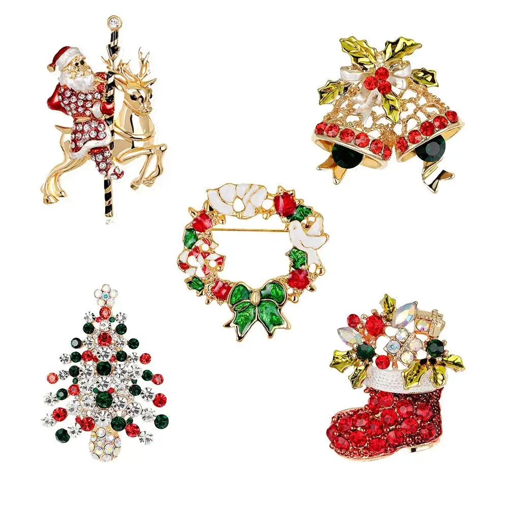 

5 pcs Santa Clause Rhinestone Crystal Brooch Pin Christmas Party Decoration Ornament
