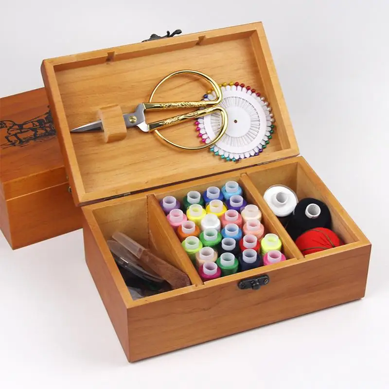 Multifunction Wooden Sewing Box Scissors Needle And Thread Storage Box