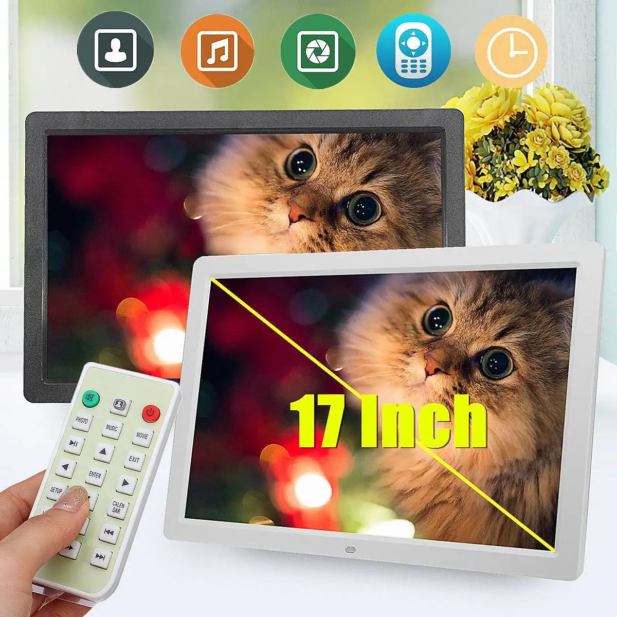 

17 Inch Full Function Digital Photo Picture Frame Clock/Music/Video/Movie Player With Remote Control TFT-LED Display Screen