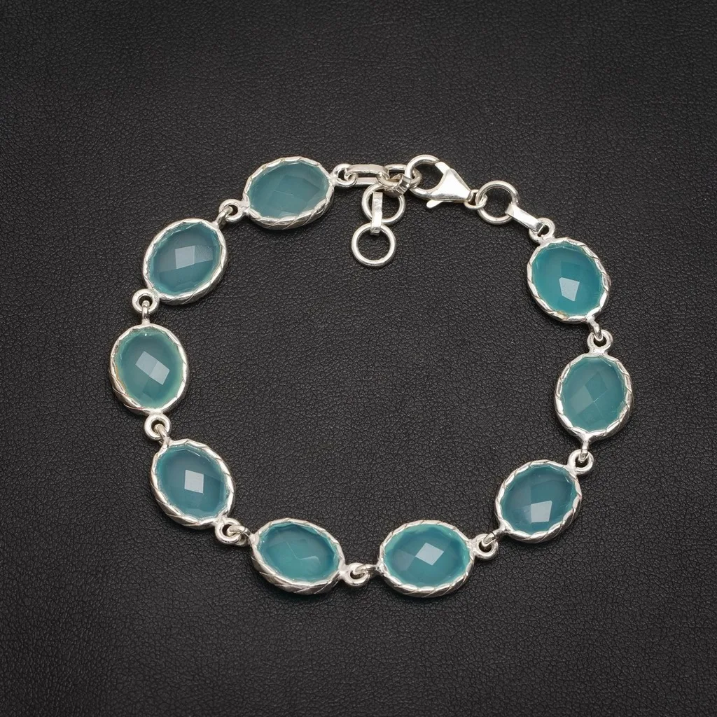 

Natural Chalcedony Handmade Unique 925 Sterling Silver Bracelet 7.25-8" A3104