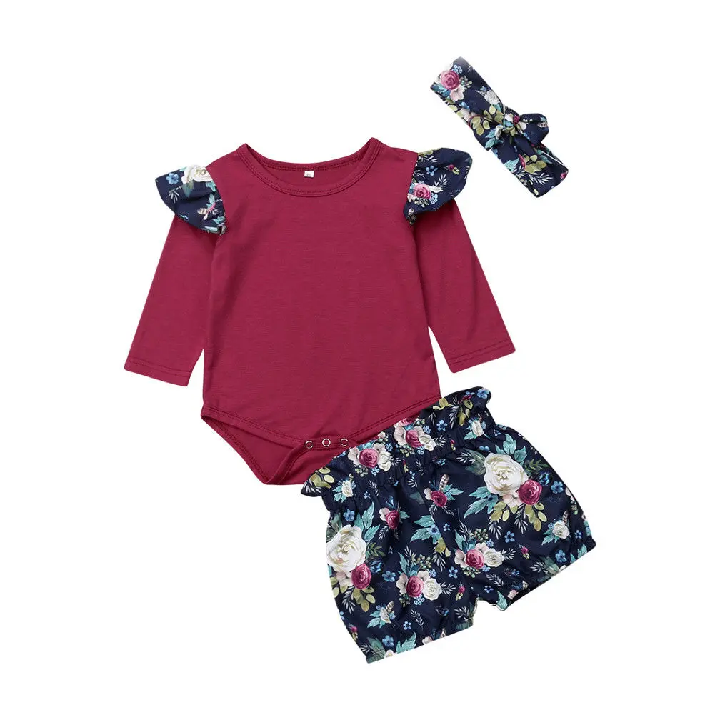 Newborn Toddler Kids Baby Girls Clothes 3PCS Ruffles Long Sleeve Solid Romper Tops+Floral Print Shorts+Headband | Детская одежда и