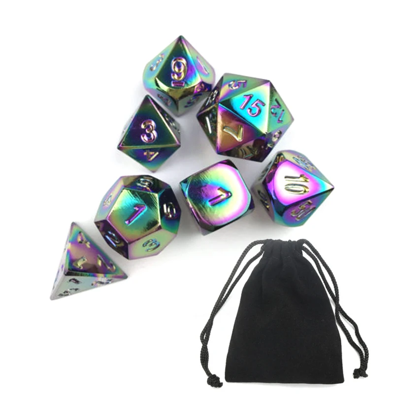 

7x Metal Polyhedral Rainbow Dice For DND RPG MTG Role Playing Game With Bag Gift