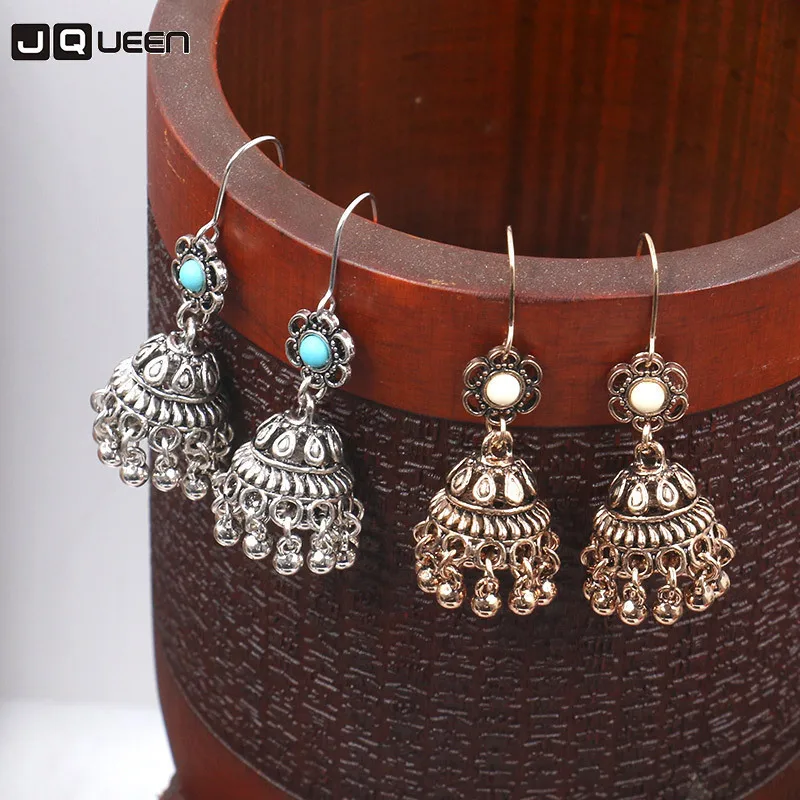 

Vintage Silver Alloy Jhumka Bells Beads Tassel Statement Earrings for Women Gypsy Green Stone Dangle Indian Jewelry Party