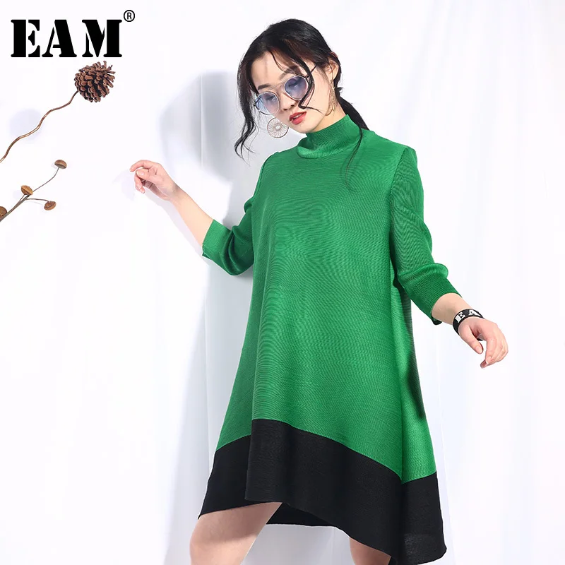 

[EAM] 2019 New Autumn Winter Stand Collar Long Sleeve Hit Color Stitch Loose Pleated Big Size Dress Women Fashion Tide SA56