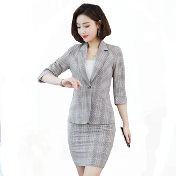 

2019 Spring Autumn Women Plaid Three Quarter Sleeve Blazer + Elegant Skirt 2 Pieces Suit Business Work Suit Female Uniform