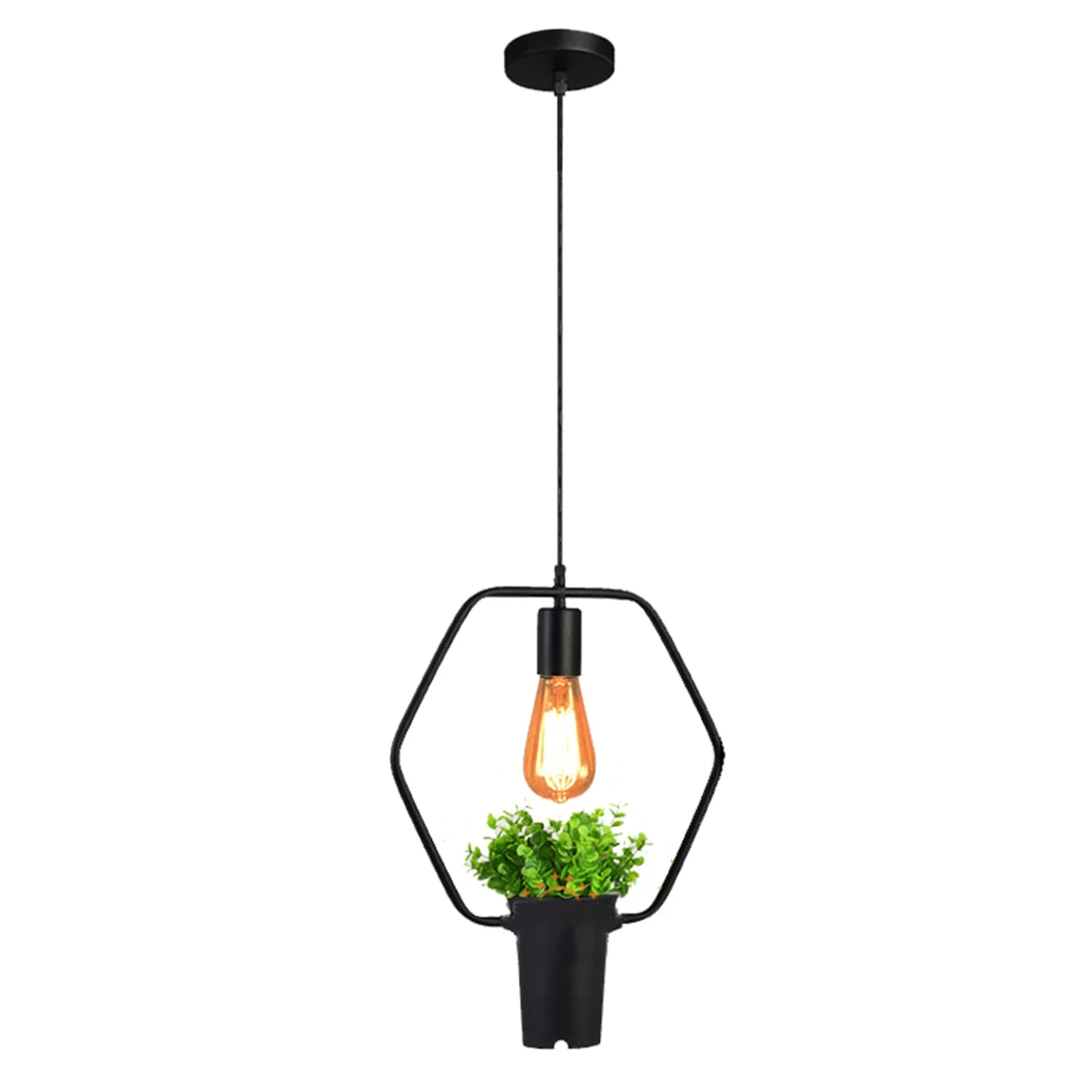 

Black six-sided green plant hanging lamps retro industrial style creative personality chandelier clothing shop cafe resta