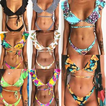 

2019 New Flower Bikini Set Women Ruffles Colorful Swimwear Push Up Padded Swimsuit Women Bathing Suit Bandage Biquini Beachwear