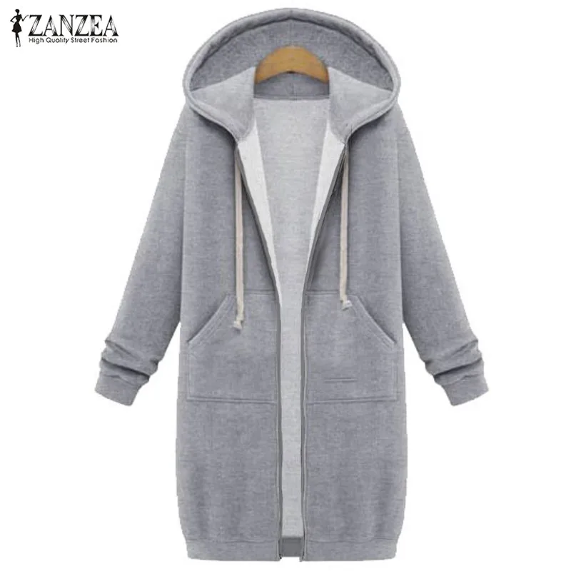 

Oversized 2019 Autumn ZANZEA Women Casual Long Hoodies Sweatshirt Coat Pockets Zip Up Outerwear Hooded Jacket Plus Size Tops