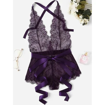 

US Women Sexy Purple Lace Floral Lingerie Nightwear Babydoll Sleepwear One Piece