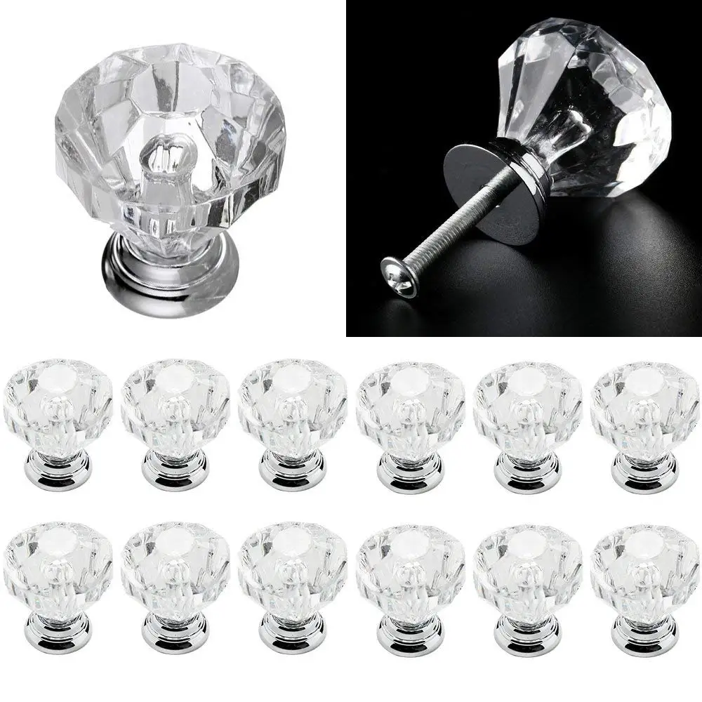 

ELEG-12pcs Glass Drawer Door Knob Crystal Diamond Handle Pull Dia 35mm for Wardrobes Cabinets Cupboards Furniture Transparent