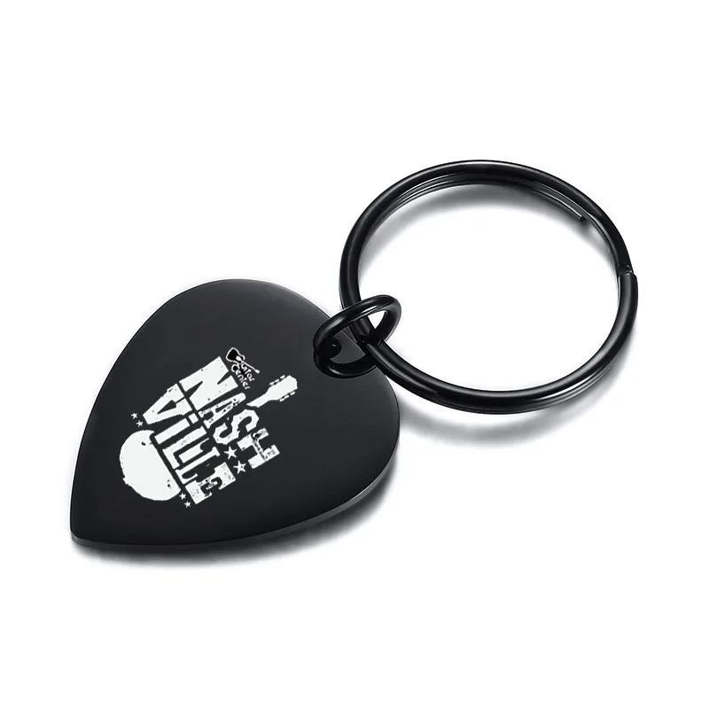 

Personalized Custom Engraved Guitar Pick Key Chain in Black Stainless Steel Keychain