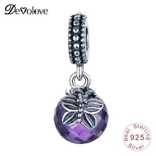 Devolove фиолетовый CZ шар болтается с бабочкой бисера Fit Pandora браслет кулон 925 пробы серебро ювелирные изделия Прямая поставка