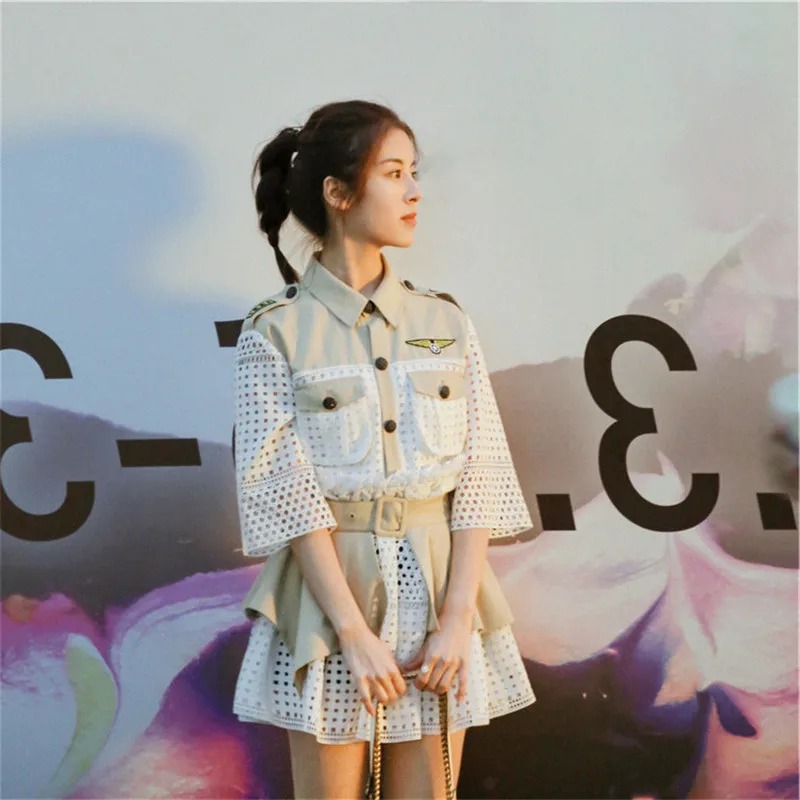 

Runway Designer Hollow Out Patchwork Women Dress Turn-down Neck Button Asmmetrical Elegant Chic Mini Dress 2019 Summer Clothes