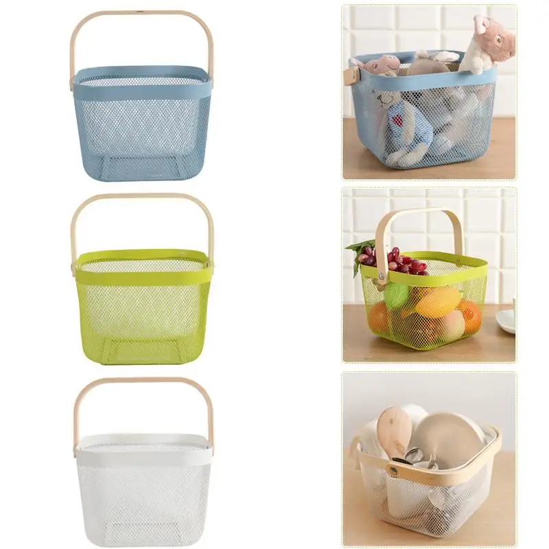 

Wooden Handle Metal Iron Storage Baskets Mesh Friut Basket Portable Underwear Sundries Organizer Toy Container Household Basket