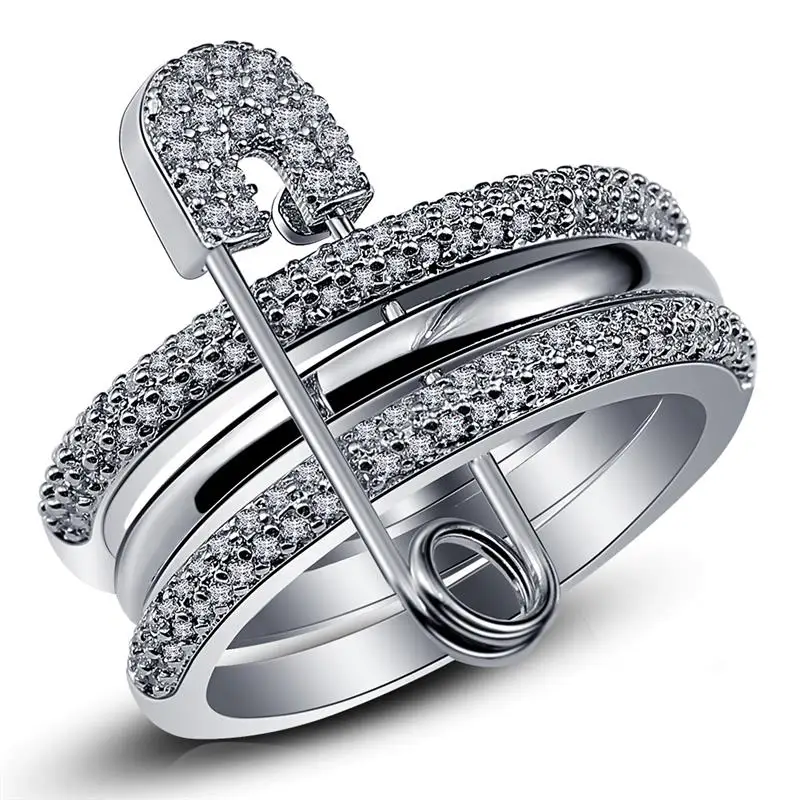 Wide Silver Finger Rings Set For Women With Pin Cubic Zircon Ring Pave