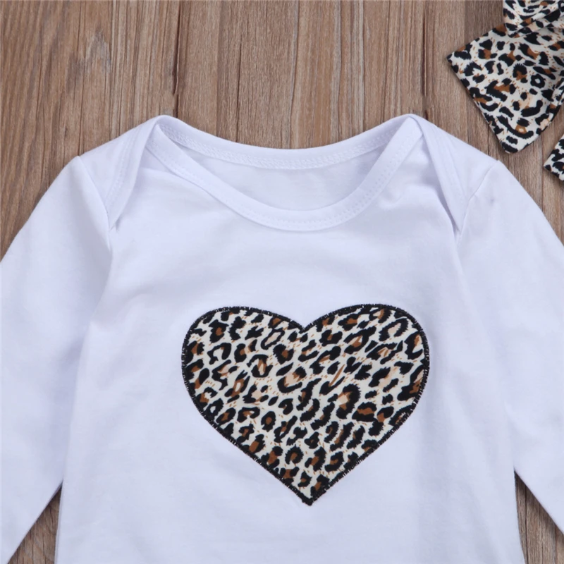 CANIS 2019 New Baby Clothing Newborn Kid Baby Girl Leopard Floral Clothes Long Sleeve Heart Romper +Floral Pants +Headband
