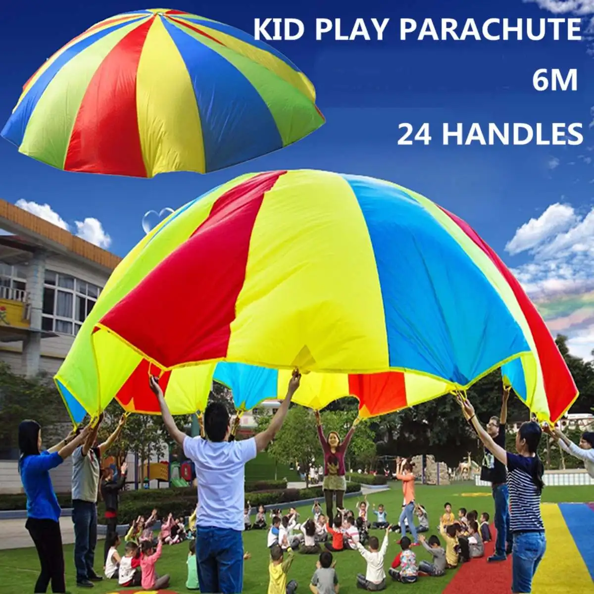 

6M 20ft Kids Play Parachute Outdoor Rainbow Umbrella Parachute Toy Jump-Sack Ballute Play For Kids