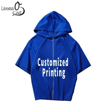 

Lanmaocat Half Sleeve Hoodie Men Women Customized Logo Plain Zipper Hoodie Summer Zip Hoodie Hip Hop Clothed Shirt Free Shipping