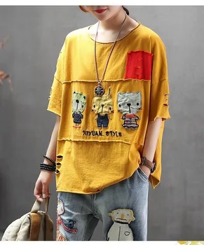 

Cartoon Cats Patchwork Holes Cotton Short Sleeve T Shirt Women Loose 2019 Summer New Arrivals Fashion Tops