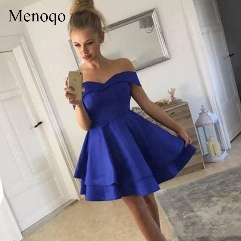 Menoqo Простые короткие коктейльные платья с открытыми плечами оборки Атлас Королевского синего цвета, Короткие Платья для вечеринок