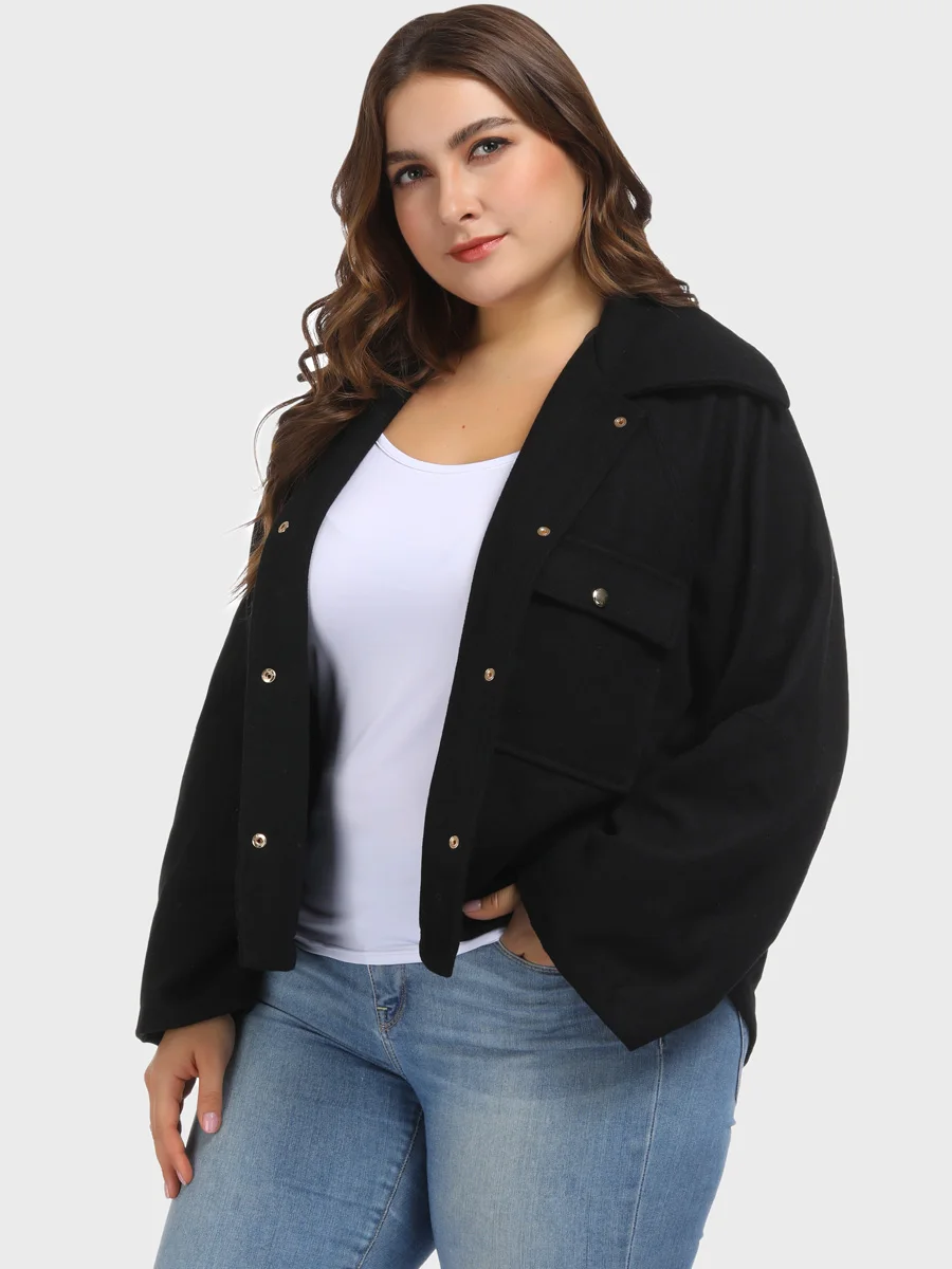 Bouton Grande Recadrée Black Laine Taille Femmes Revers Patte Manteau Col Mélanges À 5vYnxSO