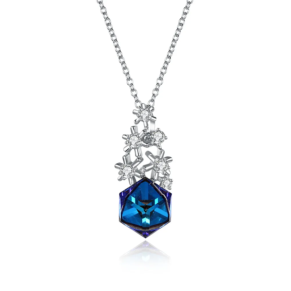 

Authentic 925 sterling silver jewelry white crystal stone snow link blue square stone pendant necklace fine wedding jewelry
