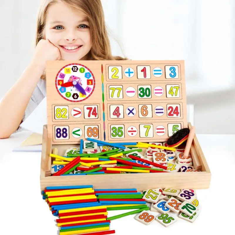 

Kids Maths Teaching Box Set Children Wooden Number Counting Math Toy Baby Mathematics Sticker Calculate Game Education Block