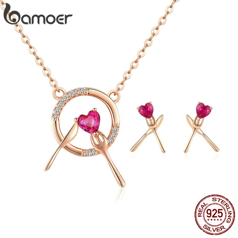 

BAMOER 3 PCS Silver Jewelry Sets Red Heart Cubic Zirconia Family Dinner Kitchen Choker Necklace Stud Earrings for Women GUS110
