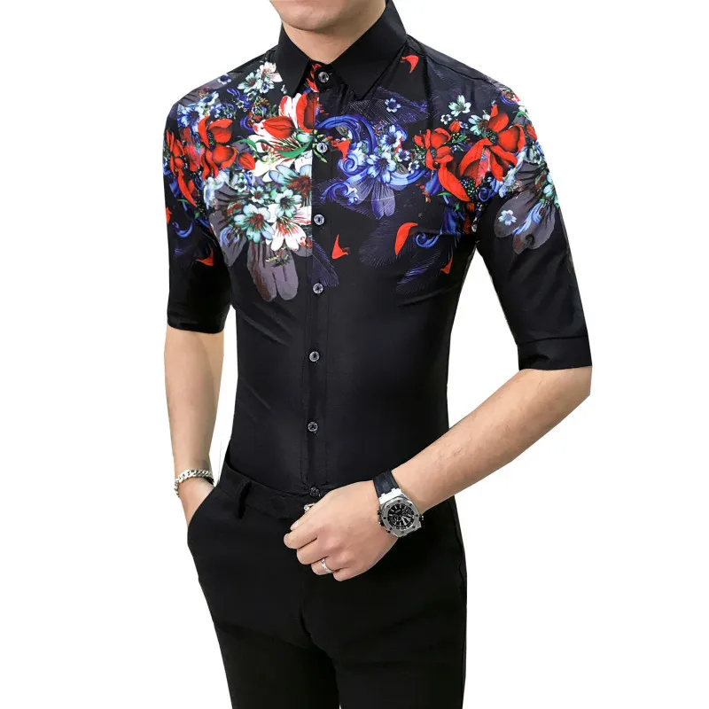 

Man Thin Shirt 2019 summer New Fashion Personality Flower hawaiian Self-cultivation Seven Part Sleeve Black Free shipping