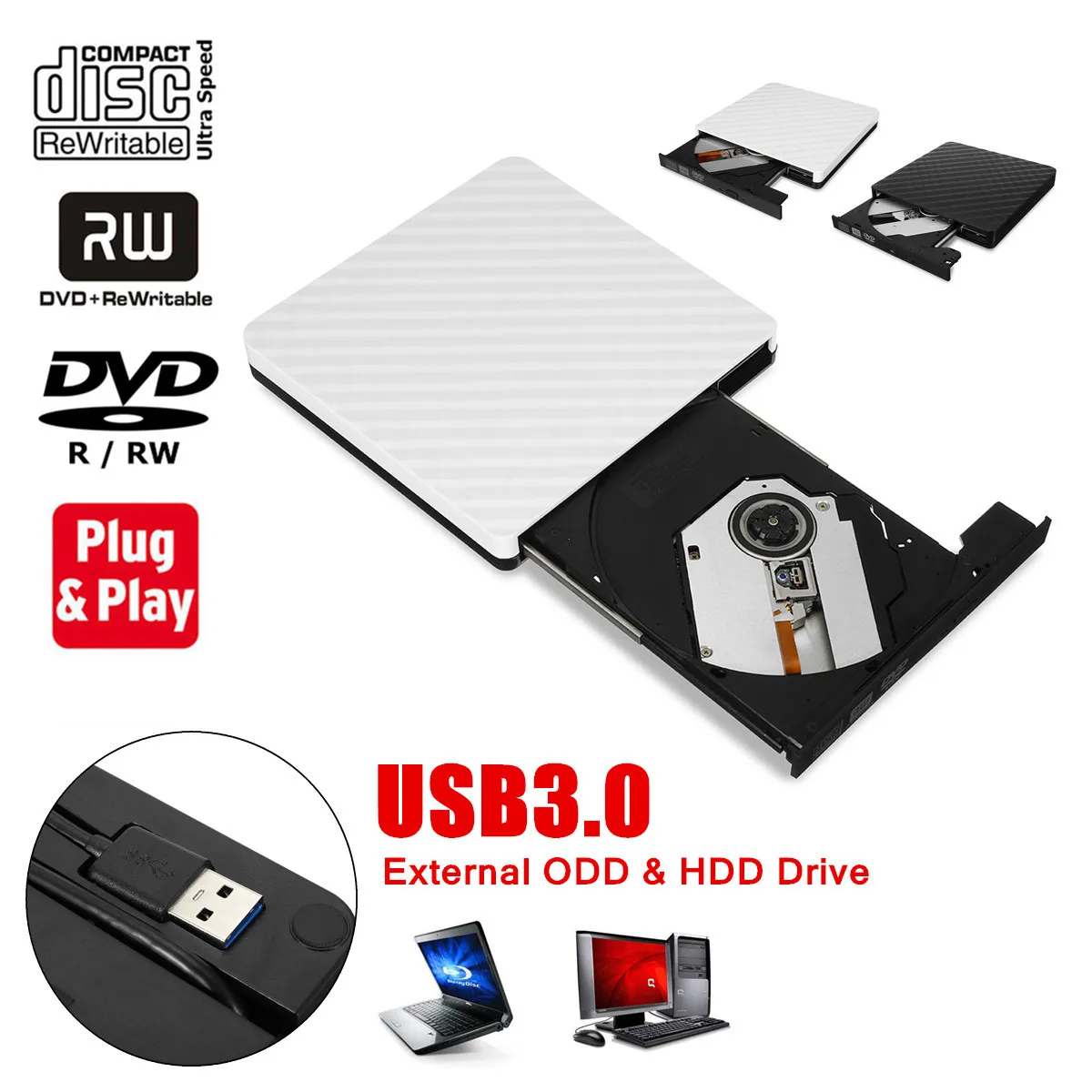 

Slim External USB 3.0 DVD RW CD Writer Drive Burner Reader Player For Laptop PC White/Black Stable Data Transmission No Extra
