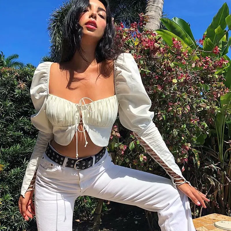 

Casual Hollow Out Lacing Up Long Sleeve Bandaged Shirt Sexy Bandage Square Neck Shirt Slim Puff Sleeve Crop Tops Short Blouse