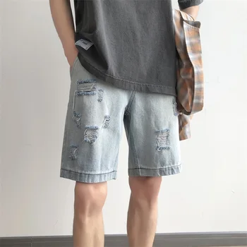 

Summer New Short Jeans Men Fashion Solid Color Straight Casual Denim Shorts Man Streetwear Hip Hop Loose Torn Hole Shorts