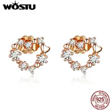 WOSTU, 925 пробы, серебряные, розовое золото, серьги-гвоздики в форме сердца, прозрачный циркон, маленькие серьги для женщин, свадебные украшения, подарок для любви CQE575