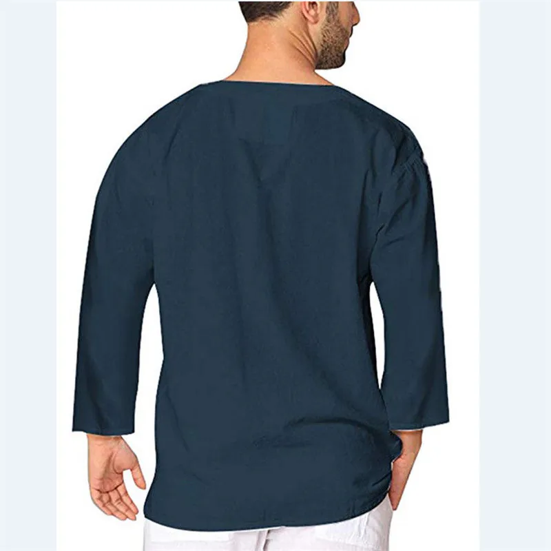 Мужская мешковатая Повседневная футболка из хлопка и льна, футболки рубашки в стиле хиппи с длинным рукавом, топ для йоги, Мужская футболка с длинным рукавом, тонкая футболка с v-образным вырезом, топы