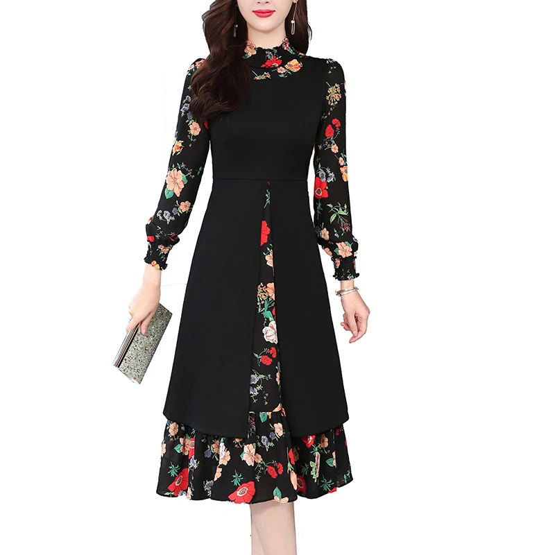 

2019 Spring Autumn Long Sleeve A-line Dress Women Fashion Stand Collar Floral Printed Casual Party Dresses Vestidos Plus Size