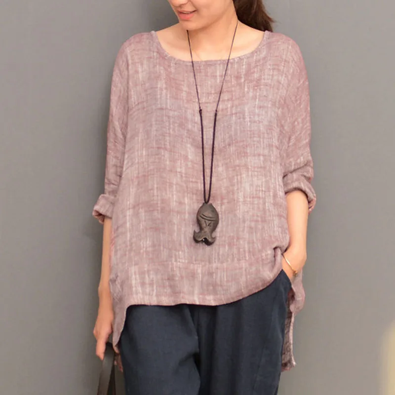 En Ligne ZANZEA Coton Linge de Split Irrégulière Hem Blouse À Manches Longues Col Rond Solide Pull Chemise Top Femmes Automne Casual Rétro Blusas