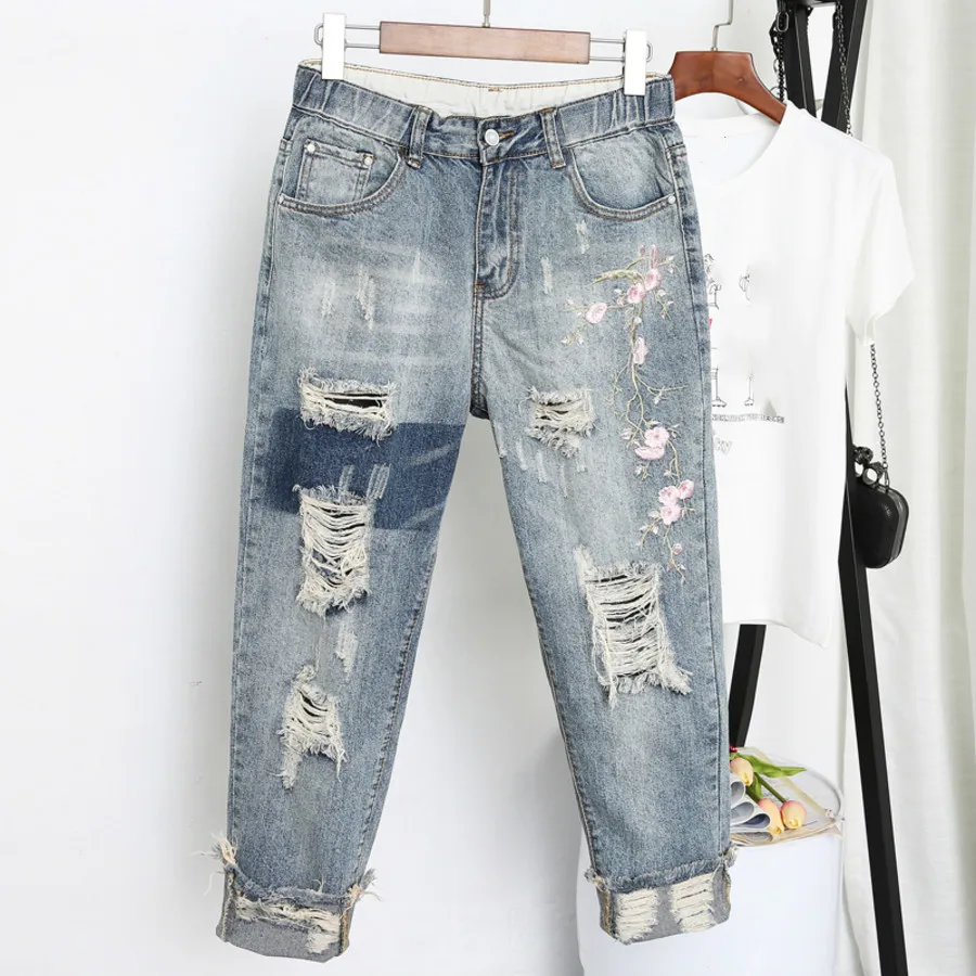 

Spring Summer Women Casual High Waist Denim Ankle-Length Boyfriend Pants Floral Embroidery Harem Pants Female Plus Size 5XL