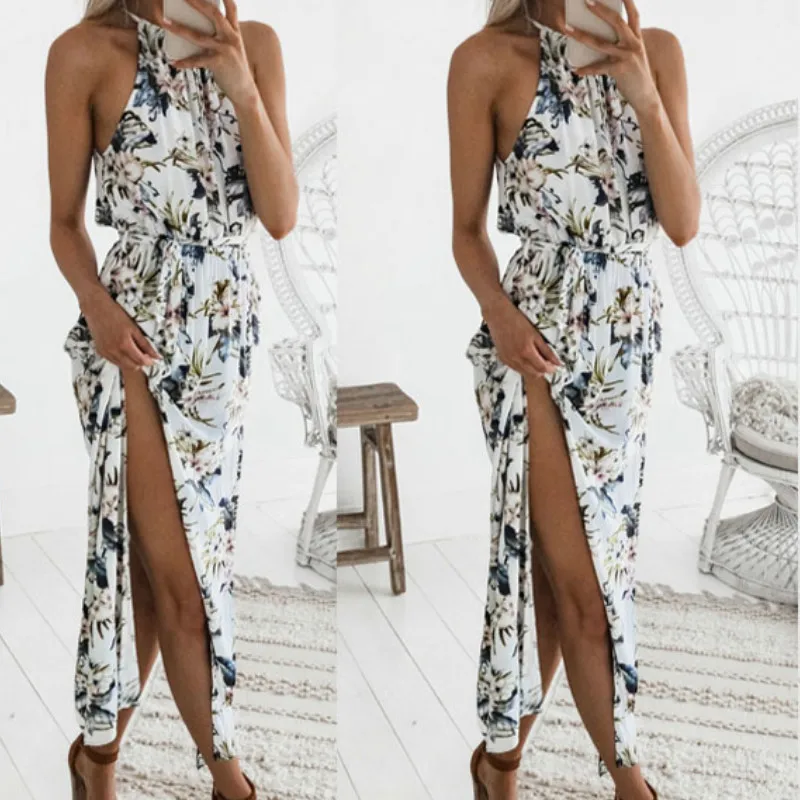 

Boho Chiffon Maxi Dress Women 2019 Summer Floral Print Halter High Slit Long Maxi Dress Casual Sexy High Waist Bandage Sundress