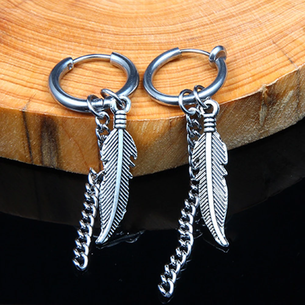 

Hot Men Women Dangle Earrings Stainless Steel Dangle Feather Ear Stud Hoop Jewelry Earring Punk Hiphop Rock Drop Earrings Hot