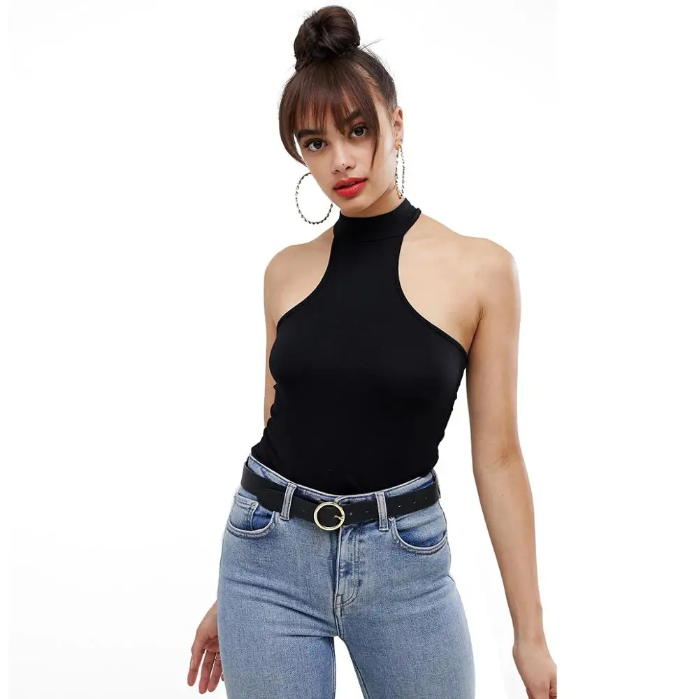 

MINSUNDA Black Sleeveless Slim Fit Tee Women Summer Stretchy Top Halter Casual T-shirt Ladies Sexy Solid Backless Tee