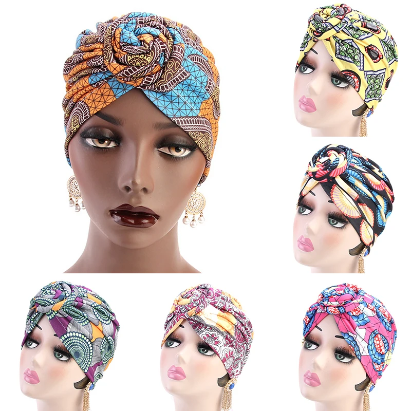 

Chemo Cap Hat Turban Comfortable Turban Print India Muslim Soft Knotted Adjustable 6 Colors Elastic Ladies Twist Knot 1PC