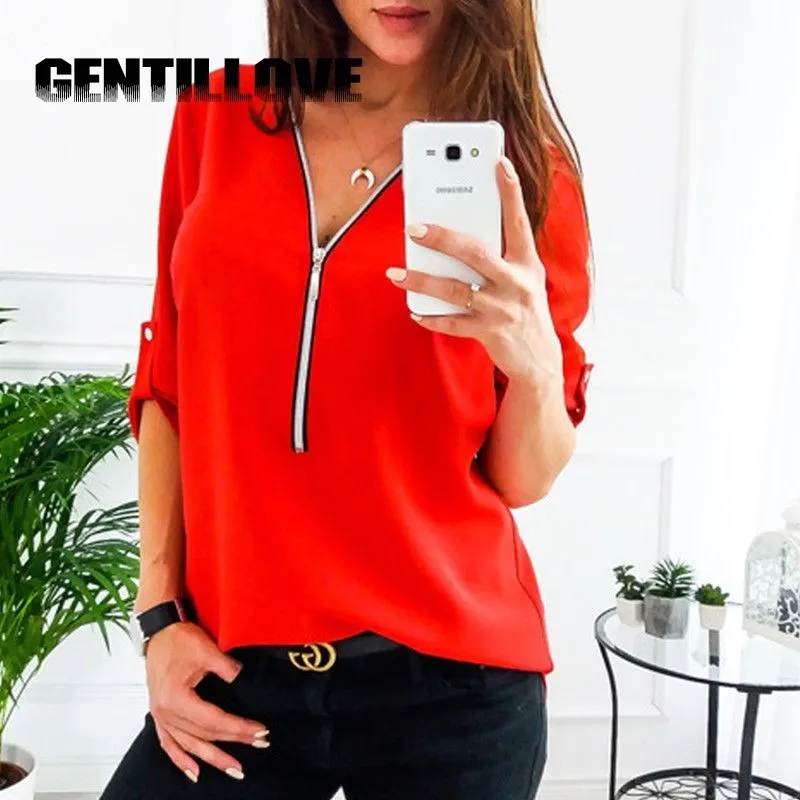 Gentillove Spring Summer Chiffon Blouse Top 2019 V Collar Zipper Roll Up Long Sleeves Loose Shirt Blusa Feminina Plus Size 5X |