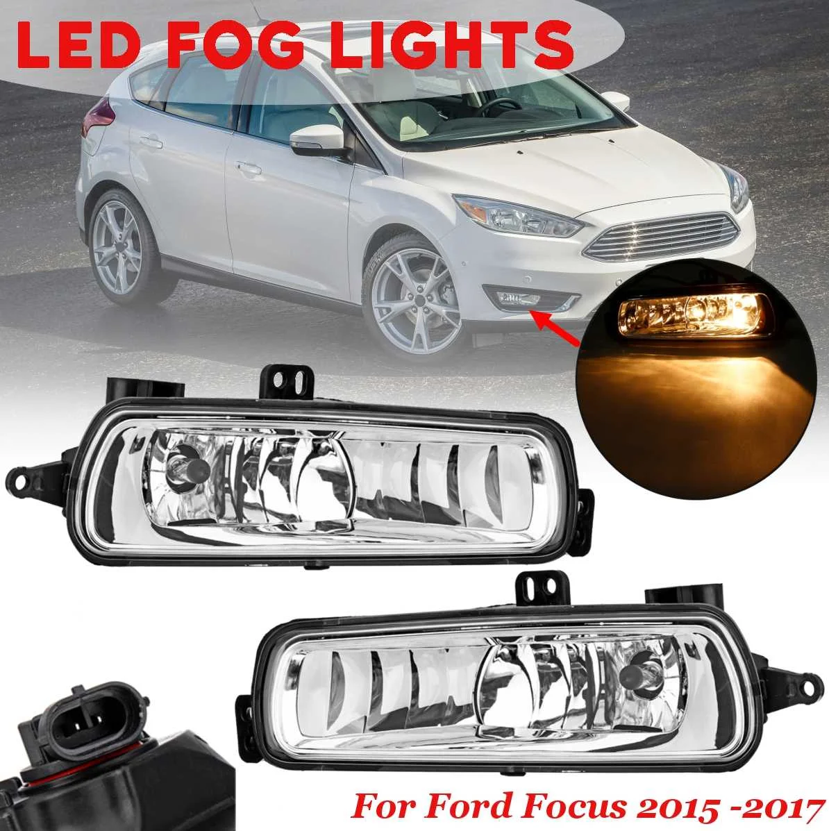 

for Ford for Focus 2015 2016 2017 1 Pair Car Front Bumper Fog Lights Lamp With Bulbs Amber 12v H11 Replacement Clear Lens