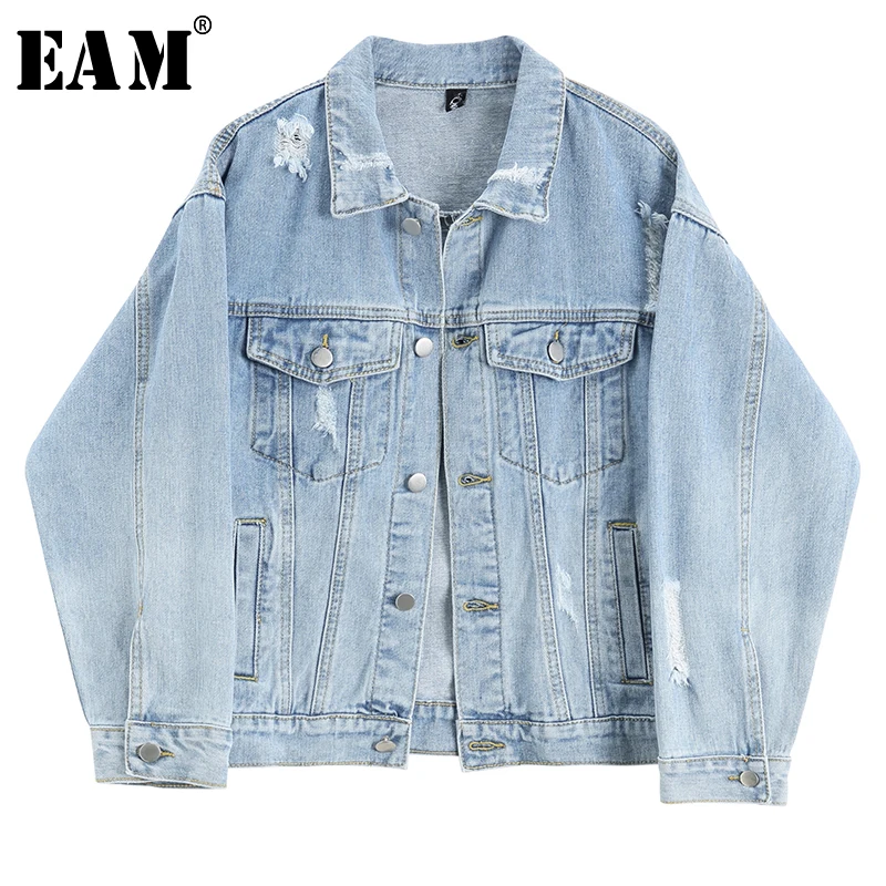 

[EAM] 2019 New Autumn Winter Lapel Long Sleeve Blue Denim Holes Pocket Stitch Loose Jacket Women Coat Fashion Tide JQ851