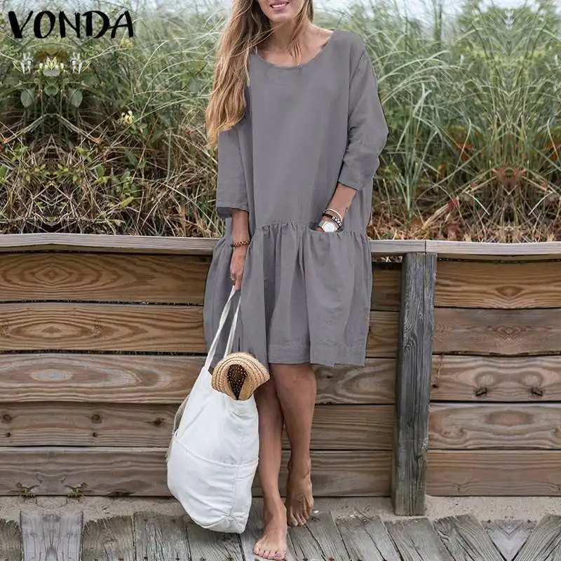 

VONDA Women Vintage Cotton Dress 2019 Autumn Casual Loose Pockets Long Sleeve Back Button Shirt Dresses Baggy Midi Sexy Vestidos